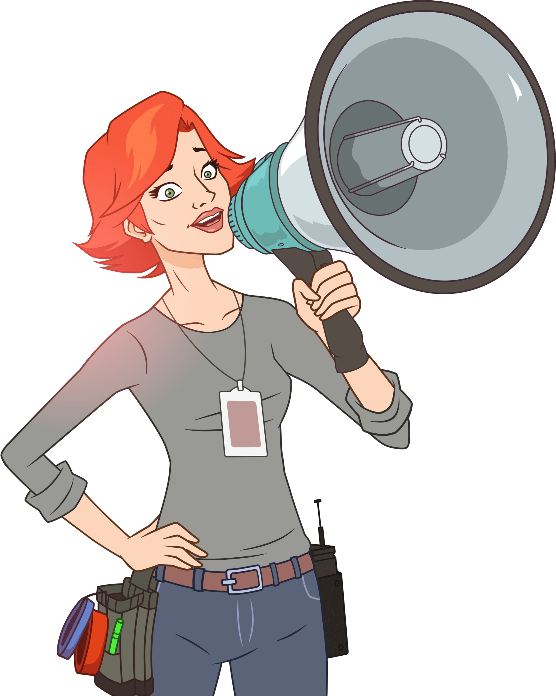 Woman working on set talking into a megaphone